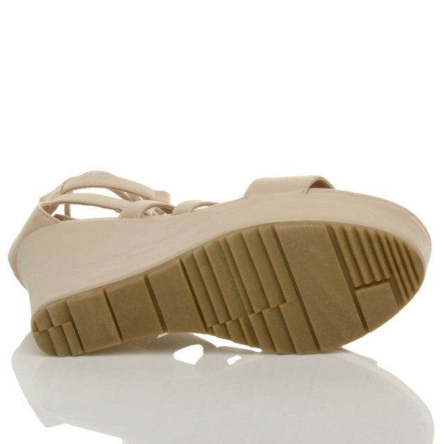 Bottom view of the sole of Nude PU High Heel Wedge Lace Up Ghillie Sandals