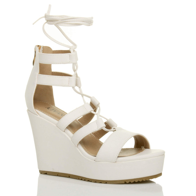 Front right side view of White PU High Heel Wedge Lace Up Ghillie Sandals