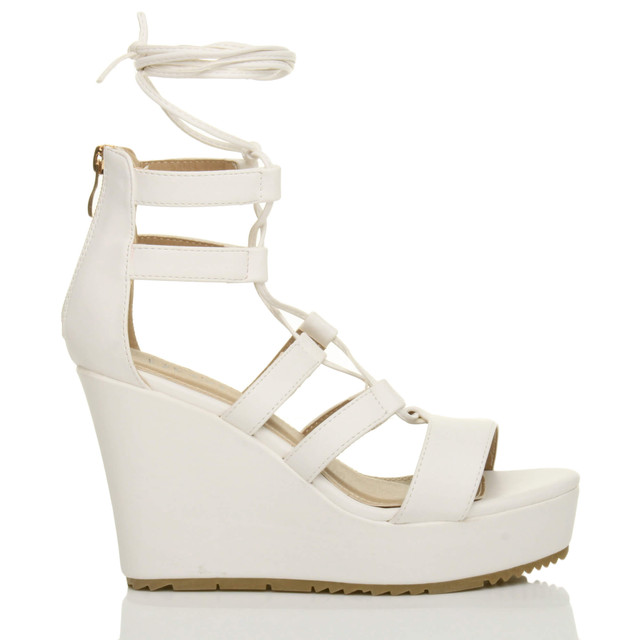 Right side view of White PU High Heel Wedge Lace Up Ghillie Sandals