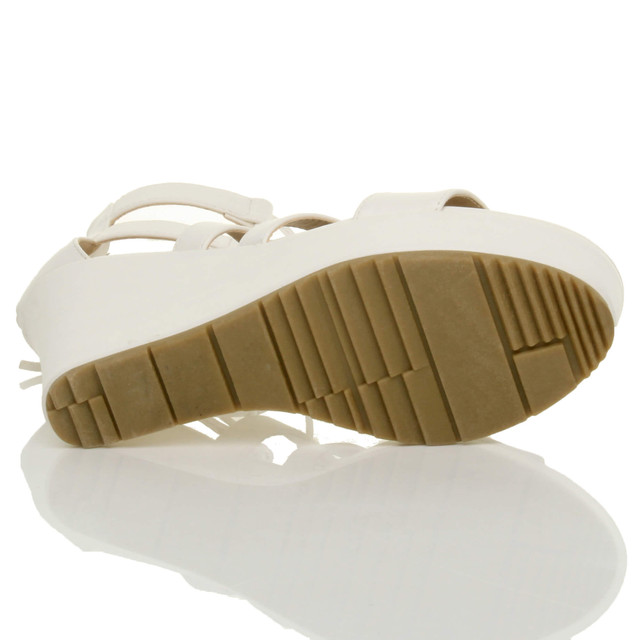 Bottom view of the sole of White PU High Heel Wedge Lace Up Ghillie Sandals