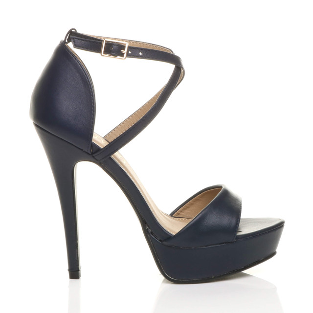 Right side view of Navy PU High Heel Crossed Straps Platform Sandals