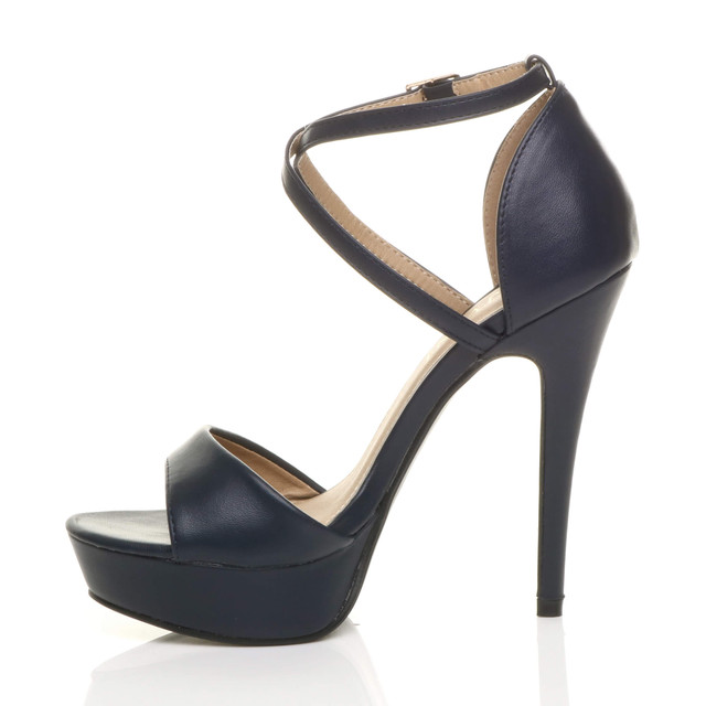 Left side view of Navy PU High Heel Crossed Straps Platform Sandals