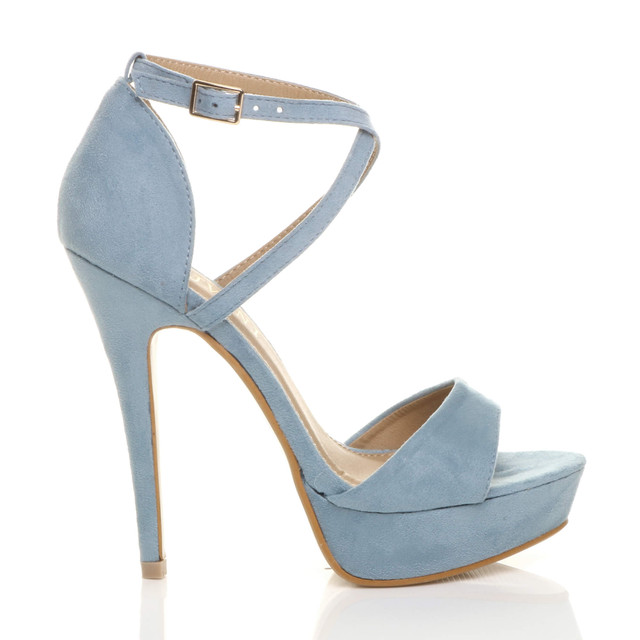 Right side view of Pale Blue Suede High Heel Crossed Straps Platform Sandals