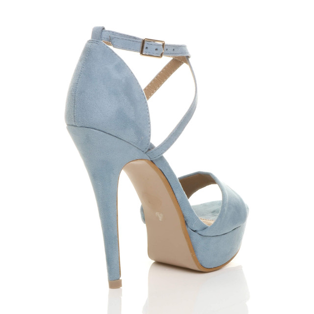 Back right side view of Pale Blue Suede High Heel Crossed Straps Platform Sandals