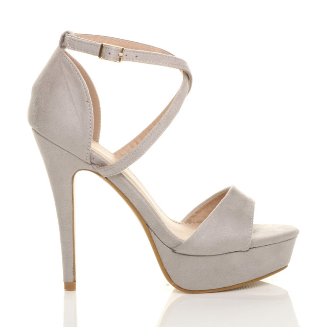 Right side view of Grey Suede High Heel Crossed Straps Platform Sandals