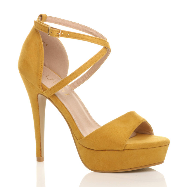 Front right side view of Mustard Suede High Heel Crossed Straps Platform Sandals