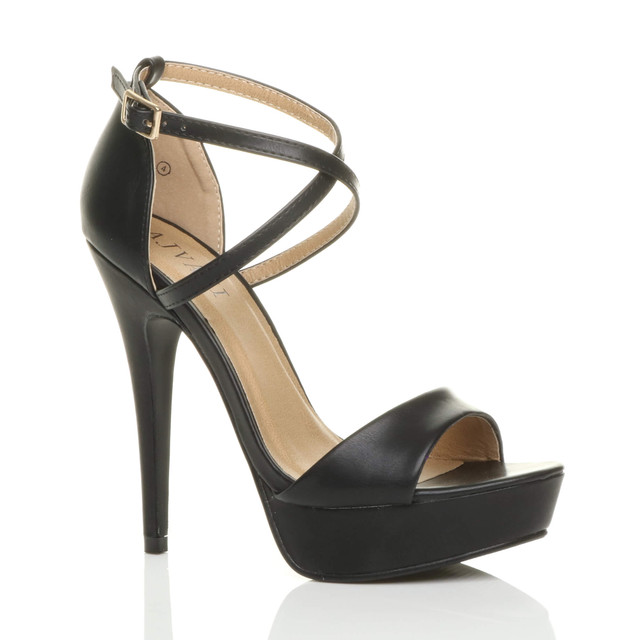 Front right side view of Black PU High Heel Crossed Straps Platform Sandals