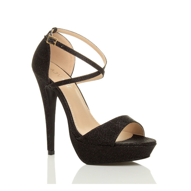 Front right side view of Black Glitter High Heel Crossed Straps Platform Sandals