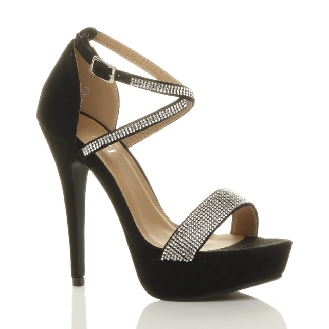Front right side view of Black Suede Diamante Suede High Heel Crossed Straps Platform Sandals