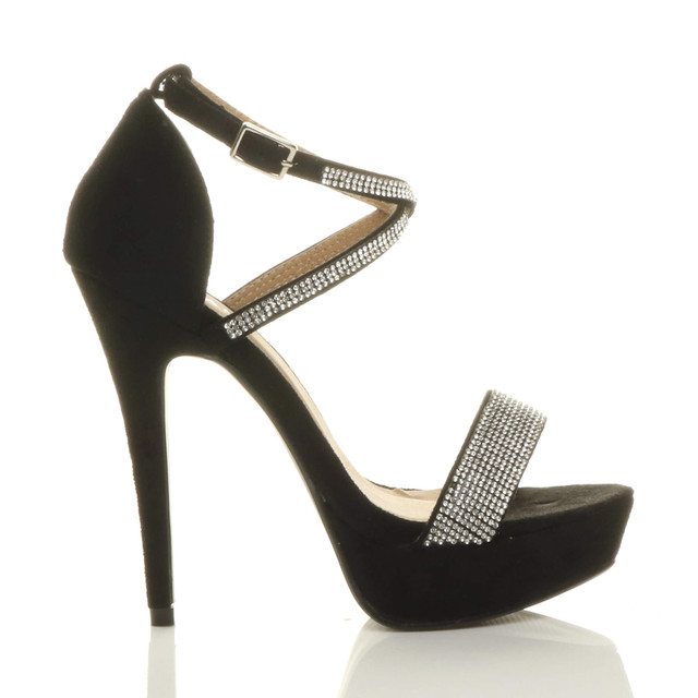 Right side view of Black Suede Diamante Suede High Heel Crossed Straps Platform Sandals