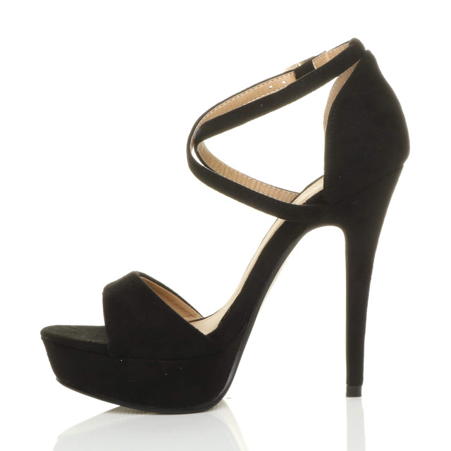 Left side view of Black Suede High Heel Crossed Straps Platform Sandals
