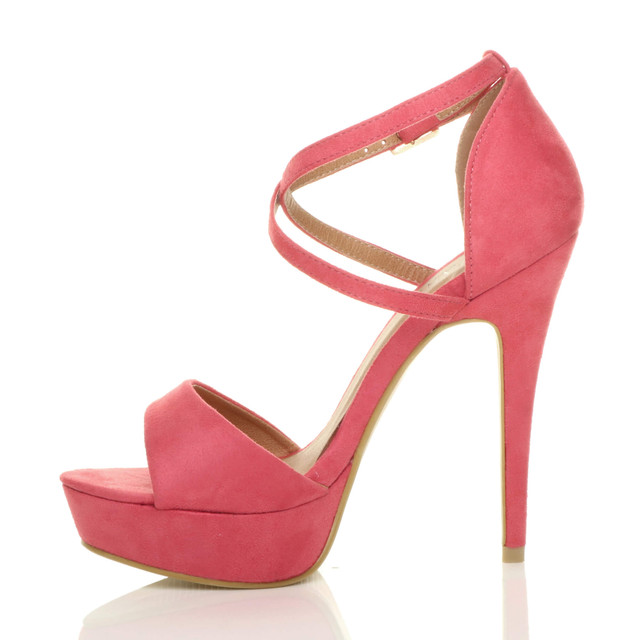 Left side view of Coral Suede High Heel Crossed Straps Platform Sandals