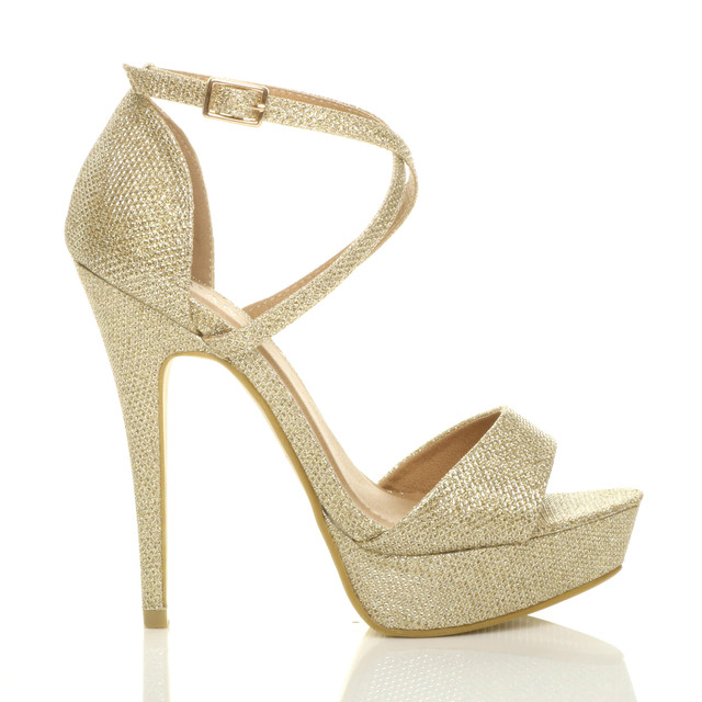 Right side view of Gold Glitter High Heel Crossed Straps Platform Sandals