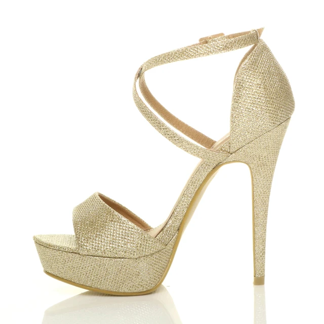 Left side view of Gold Glitter High Heel Crossed Straps Platform Sandals