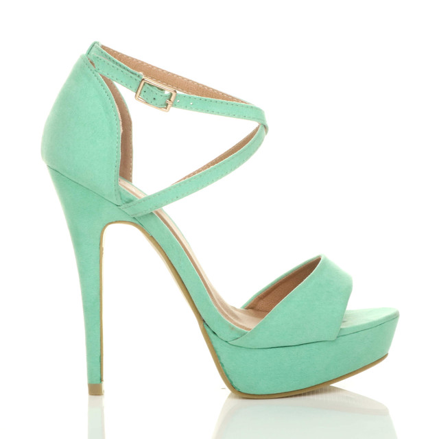 Right side view of Mint Suede High Heel Crossed Straps Platform Sandals