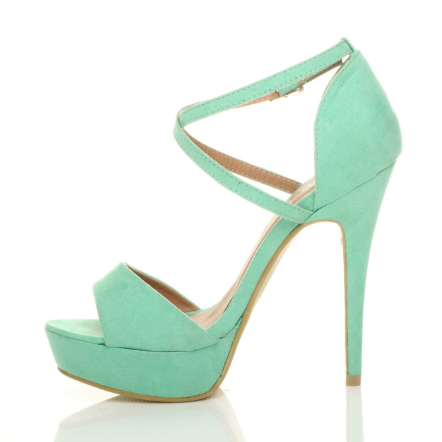Left side view of Mint Suede High Heel Crossed Straps Platform Sandals