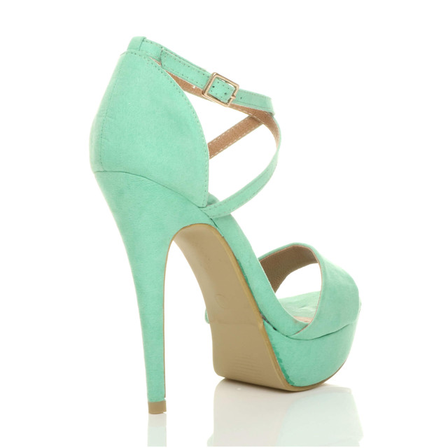 Back right side view of Mint Suede High Heel Crossed Straps Platform Sandals