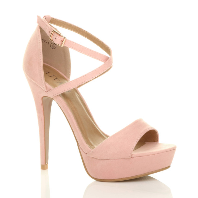 Front right side view of Pink Suede High Heel Crossed Straps Platform Sandals