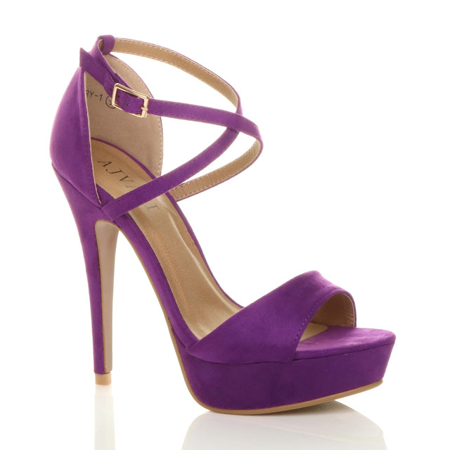 Front right side view of Purple Suede High Heel Crossed Straps Platform Sandals
