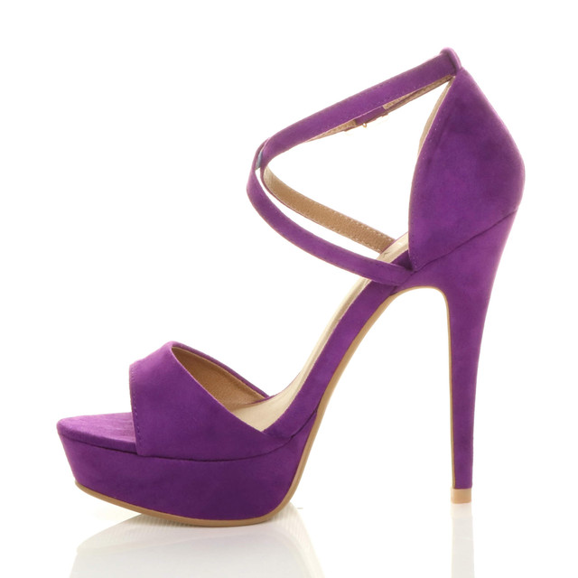Left side view of Purple Suede High Heel Crossed Straps Platform Sandals