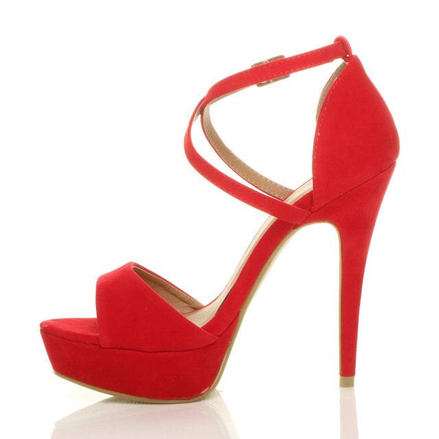 Left side view of Red Suede High Heel Crossed Straps Platform Sandals