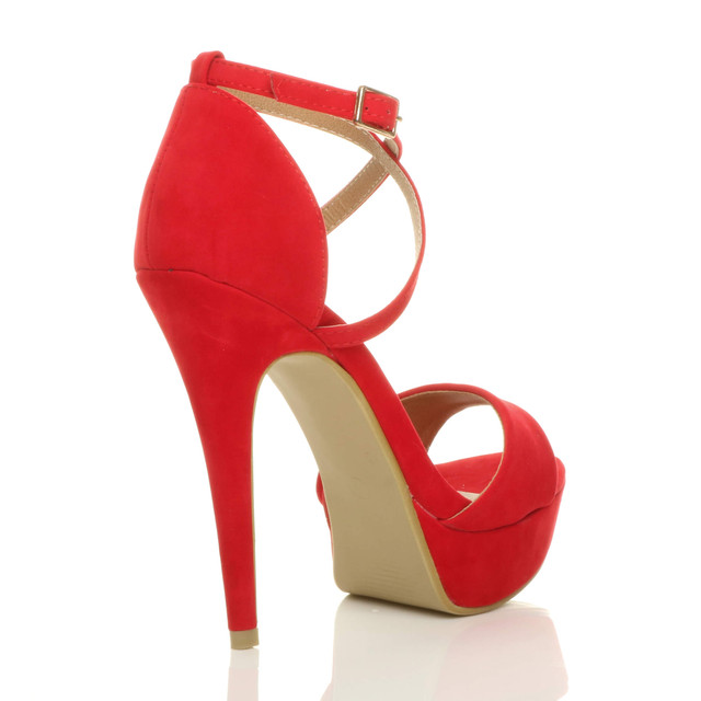 Back right side view of Red Suede High Heel Crossed Straps Platform Sandals