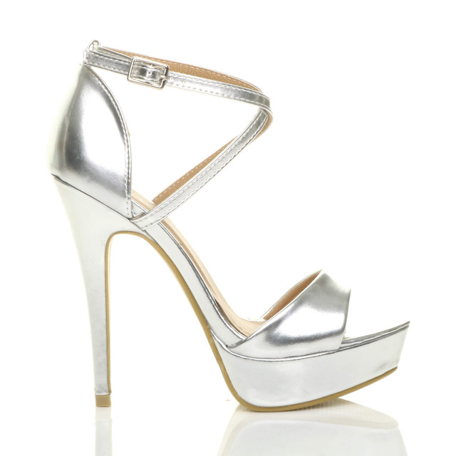 Right side view of Silver PU High Heel Crossed Straps Platform Sandals