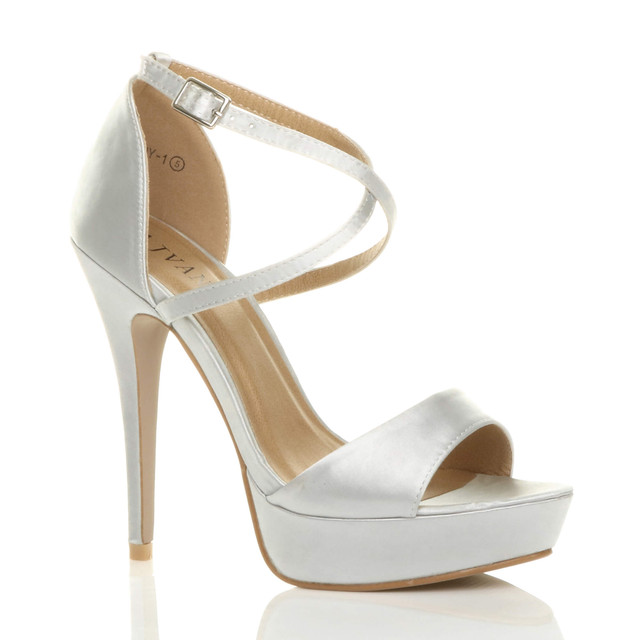 Front right side view of Silver Satin High Heel Crossed Straps Platform Sandals