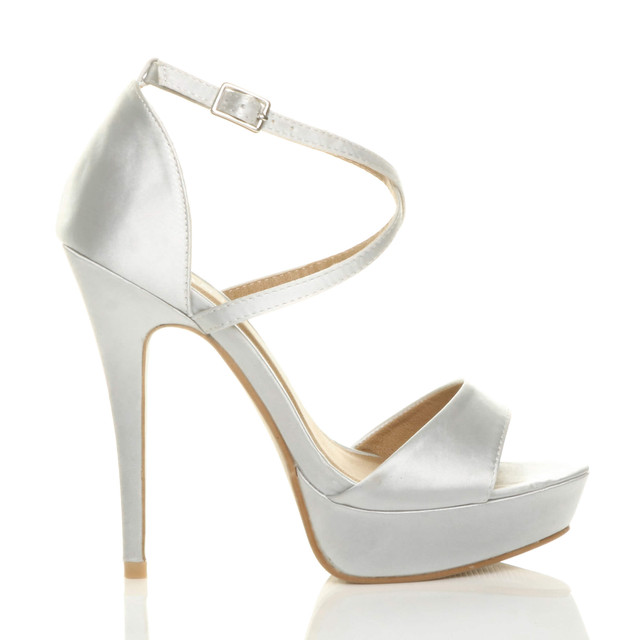 Right side view of Silver Satin High Heel Crossed Straps Platform Sandals