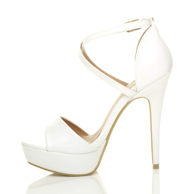 Left side view of White PU High Heel Crossed Straps Platform Sandals