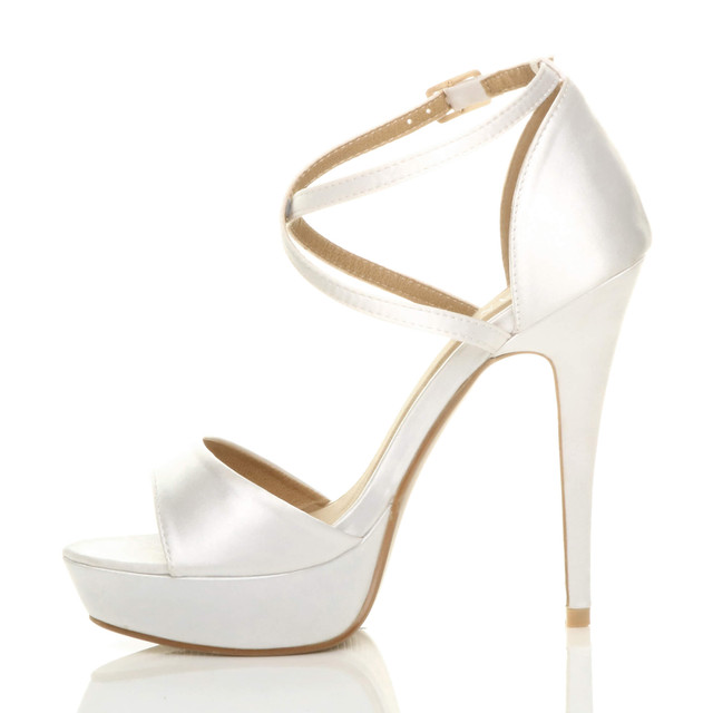 Left side view of White Satin High Heel Crossed Straps Platform Sandals