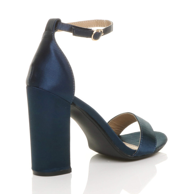 Back right side view of Navy Satin High Block Heel Ankle Strap Sandals