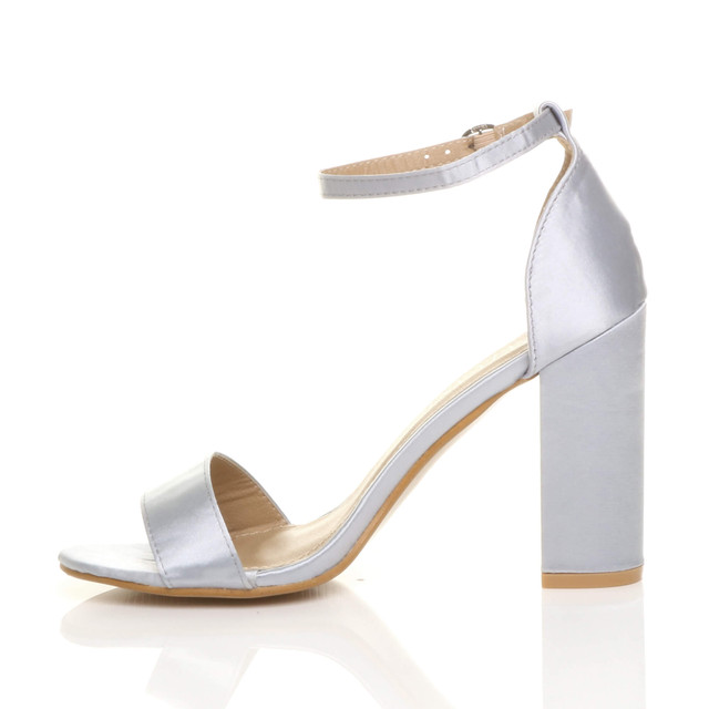 Left side view of Silver Satin High Block Heel Ankle Strap Sandals