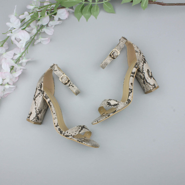 Beige Snake PU High Block Heel Ankle Strap Sandals