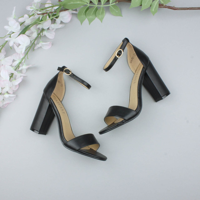 Black PU High Block Heel Ankle Strap Sandals