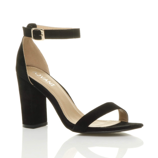 Front right side view of Black Suede High Block Heel Ankle Strap Sandals