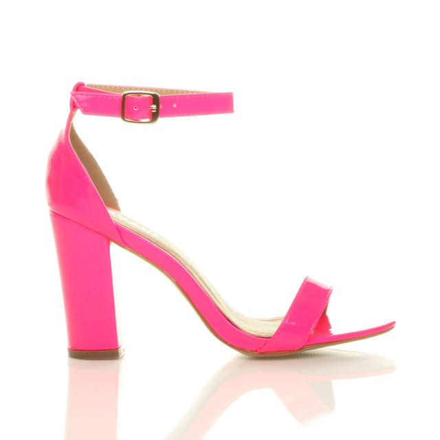 Right side view of Neon Fuchsia Patent High Block Heel Ankle Strap Sandals