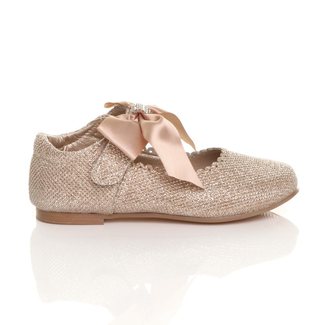 Right side view of Gold Glitter Childrens Ribbon Bow Scalloped Bridesmaid Mary Jane Shoes
