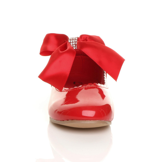 Front view of Red Patent Childrens Ribbon Bow Scalloped Bridesmaid Mary Jane Shoes