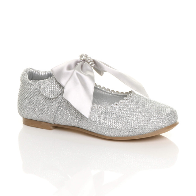 Front right side view of Silver Glitter Childrens Ribbon Bow Scalloped Bridesmaid Mary Jane Shoes