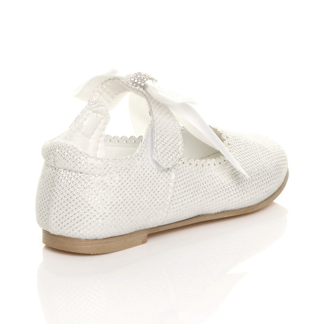 Back right side view of White Glitter Childrens Ribbon Bow Scalloped Bridesmaid Mary Jane Shoes