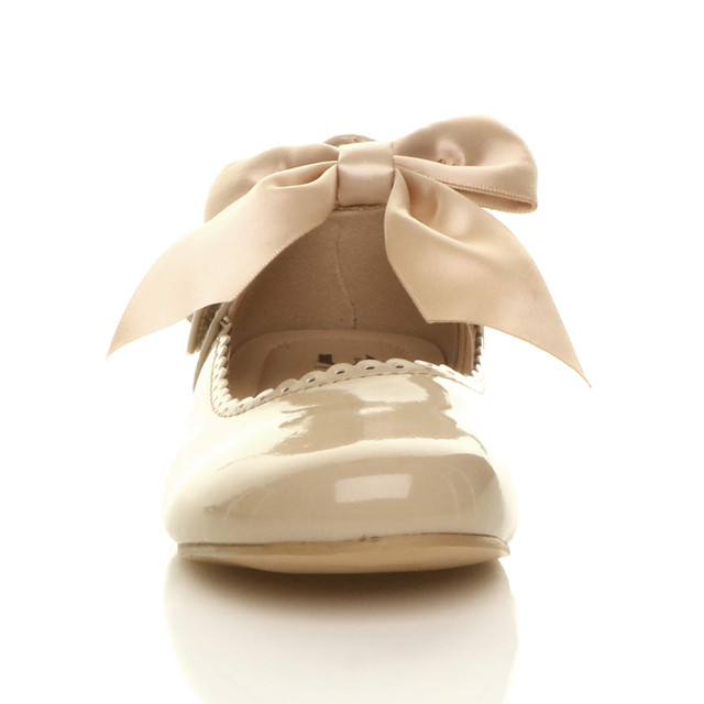 Front view of Beige Patent Childrens Ribbon Bow Scalloped Bridesmaid Mary Jane Shoes