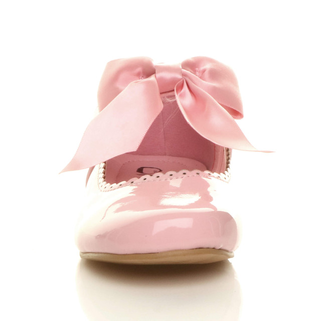 Front view of Pink Patent Childrens Ribbon Bow Scalloped Bridesmaid Mary Jane Shoes
