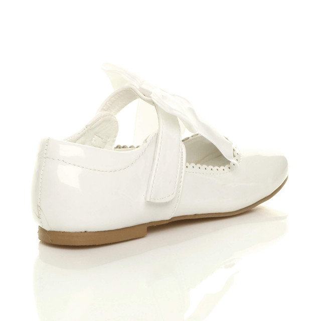 Back right side view of White Patent Childrens Ribbon Bow Scalloped Bridesmaid Mary Jane Shoes