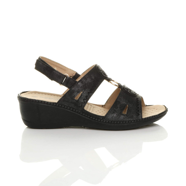 Right side view of Black PU Mid Wedge Heel Diamante Strappy T-Bar Slingback Comfort Sandals