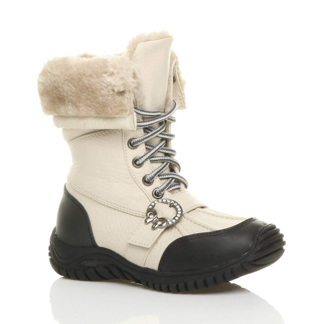 Front right side view of Beige PU Flat Winter Snow Calf Boots