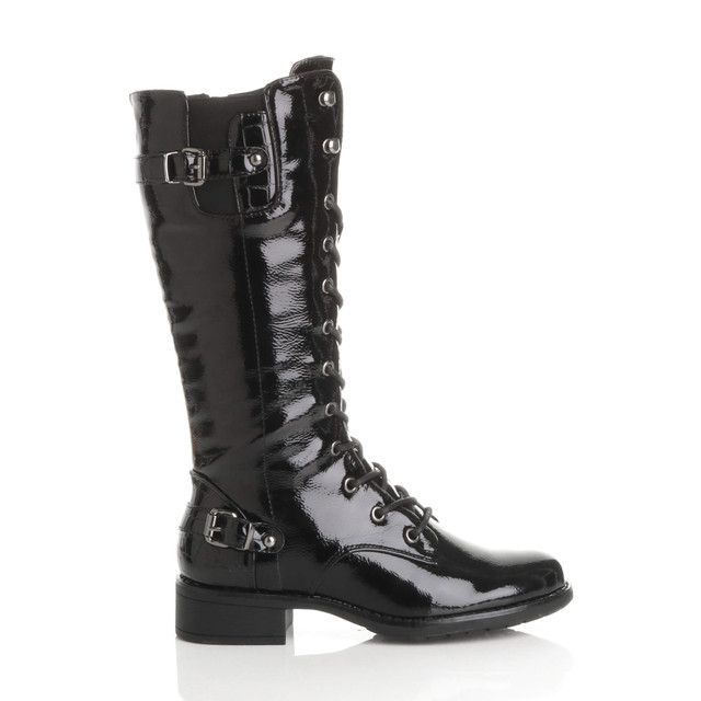 Right side view of Black Patent Low Heel Biker Military Calf Boots