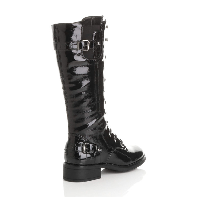 Back right side view of Black Patent Low Heel Biker Military Calf Boots