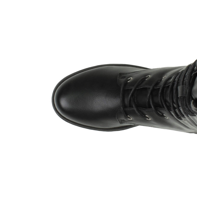 Top view of Black PU Low Heel Biker Military Calf Boots