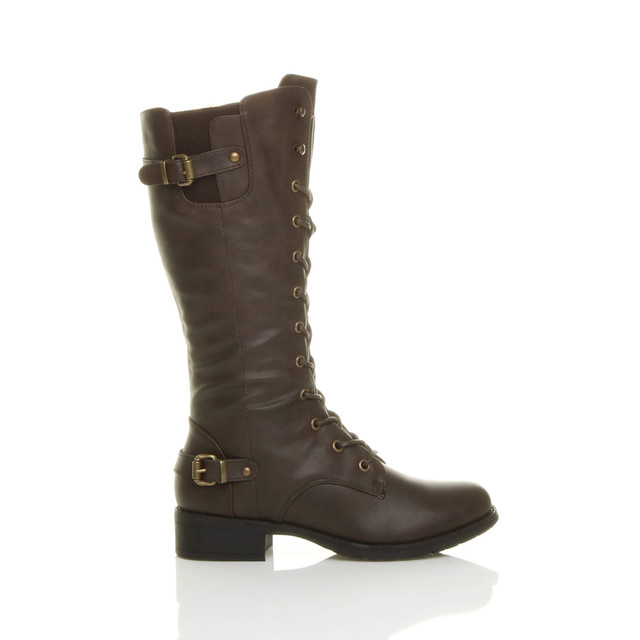 Right side view of Brown PU Low Heel Biker Military Calf Boots